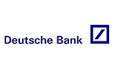 Deutsche Bank logo with blue text and a blue diagonal slash in a square on a white background.